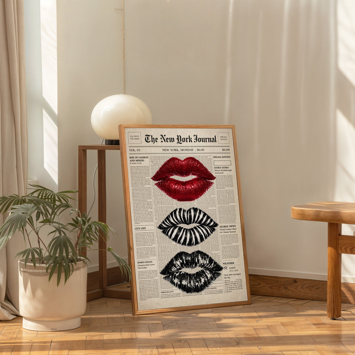 Vintage Newspaper Lips Poster Fashion Wall Art Aesthetic Print
