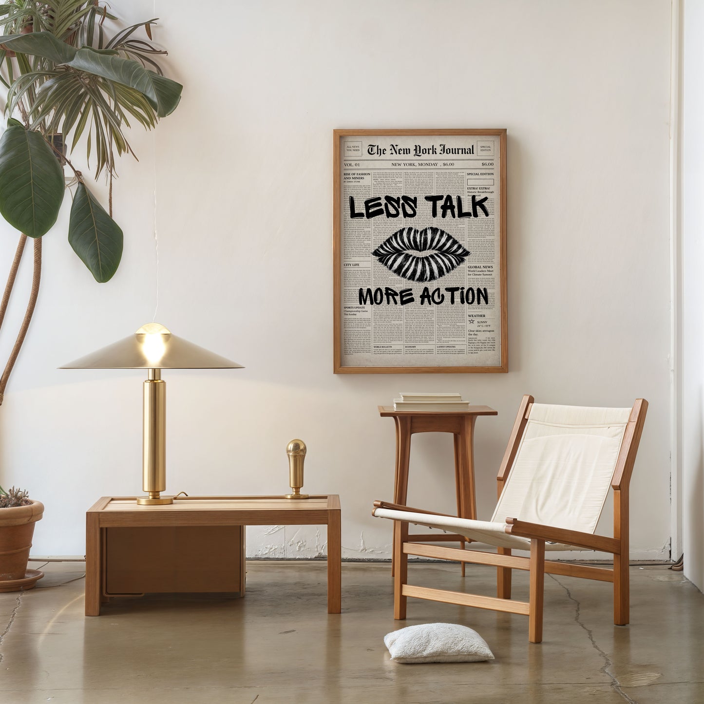 Vintage newspaper lips print minimalist black aesthetic poster