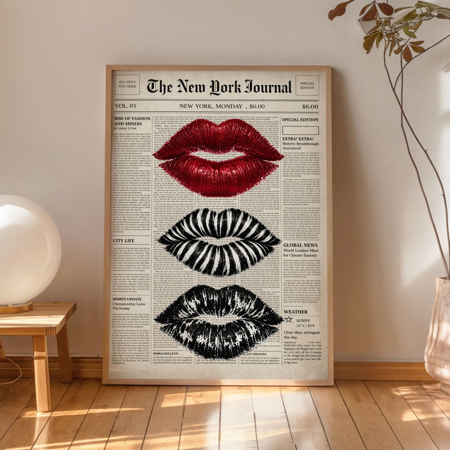 Vintage Newspaper Lips Poster Fashion Wall Art Aesthetic Print