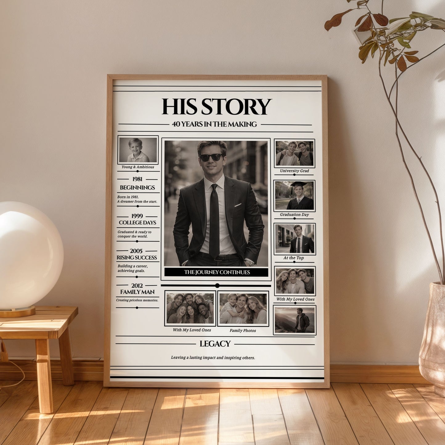 Editable Life Story Poster Template, Canva Template, Personalized Photo Collage, Vintage Newspaper Style, DIY Gift for Him