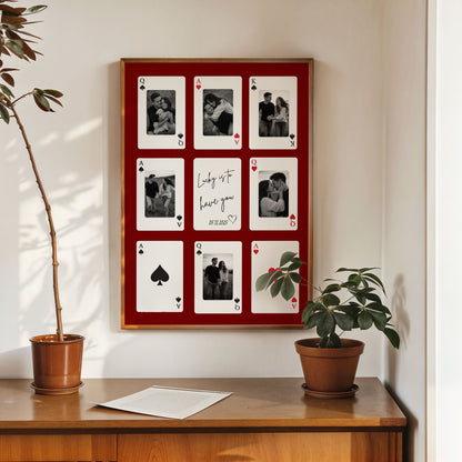 Custom collage wall art displayed on wooden cabinet with plant decor