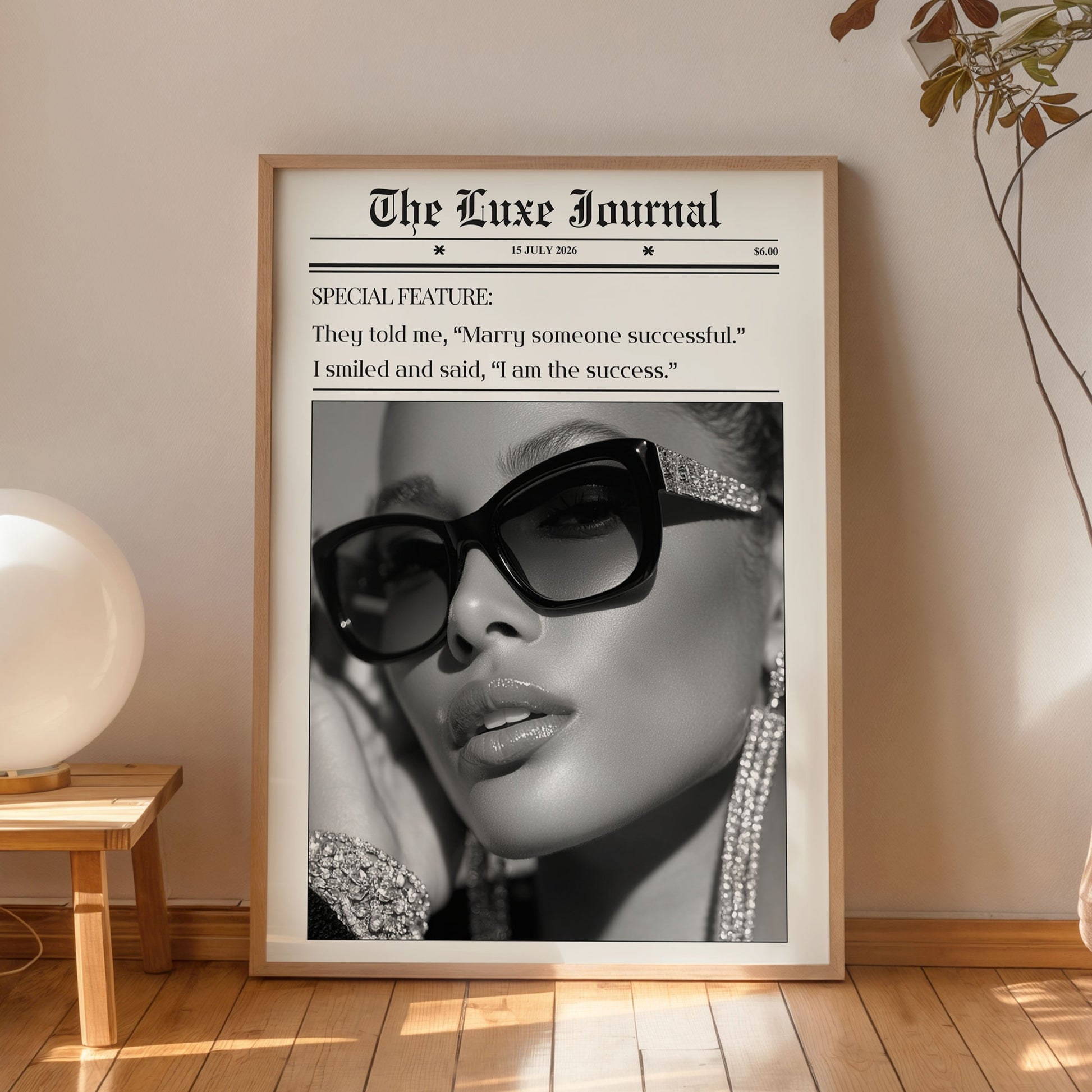 Luxury fashion wall art poster with woman in sunglasses black and white