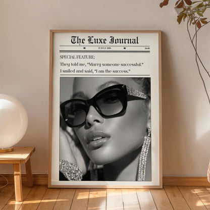 Luxury fashion wall art poster with woman in sunglasses black and white