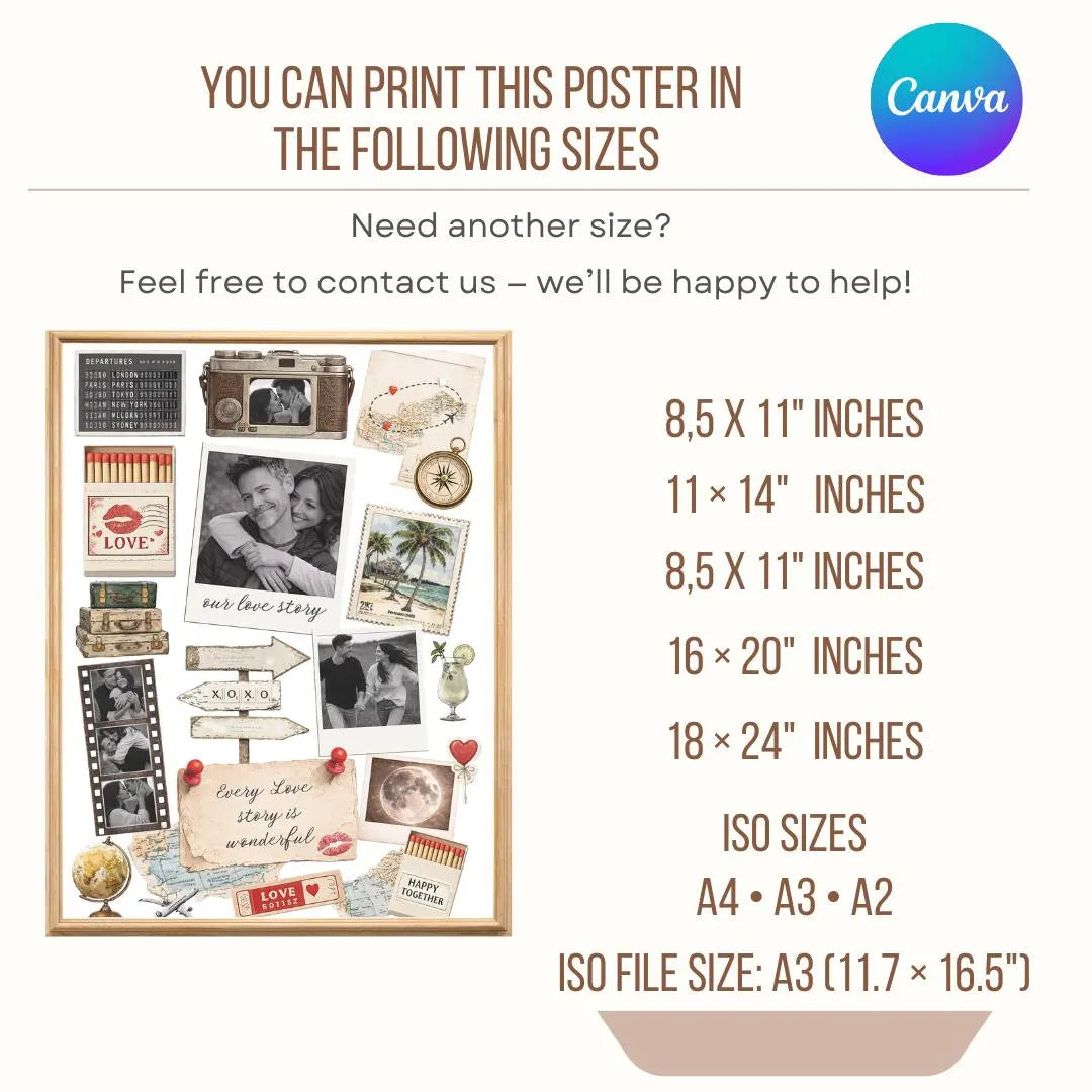 Romantic Travel Poster Canva Template • Couple Adventure Collage • Anniversary Gift • Custom Wall Art for Him, Her, Family, Birthday