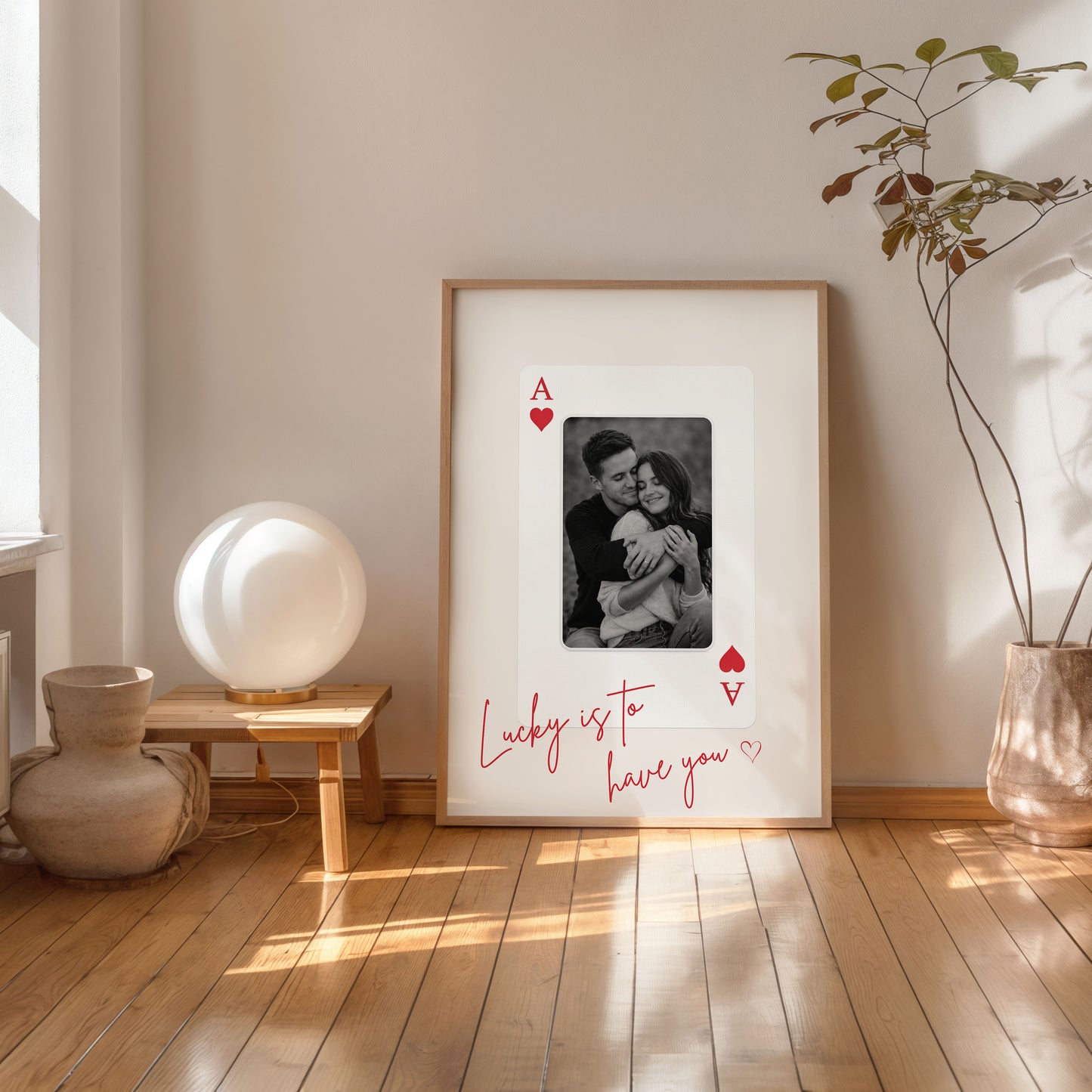 Personalized couple photo poster in playing card design framed on wall romantic home decor
