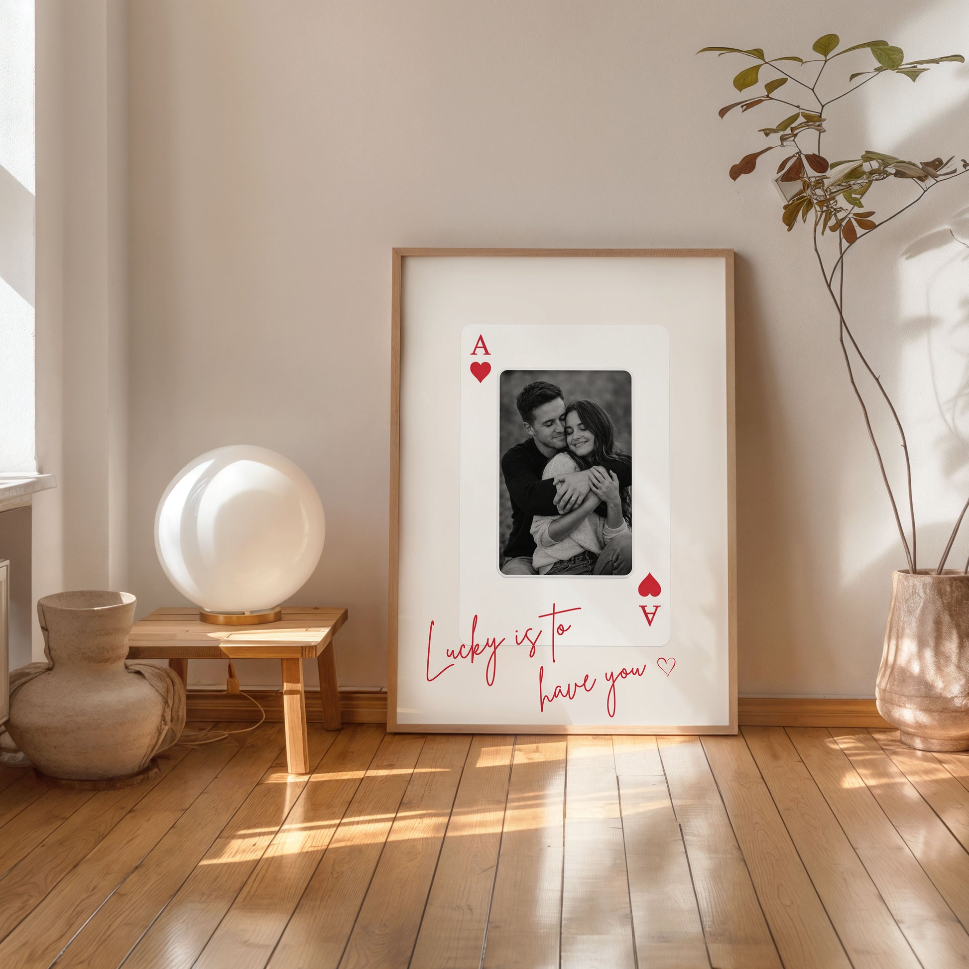 Personalized couple photo poster in playing card design framed on wall romantic home decor
