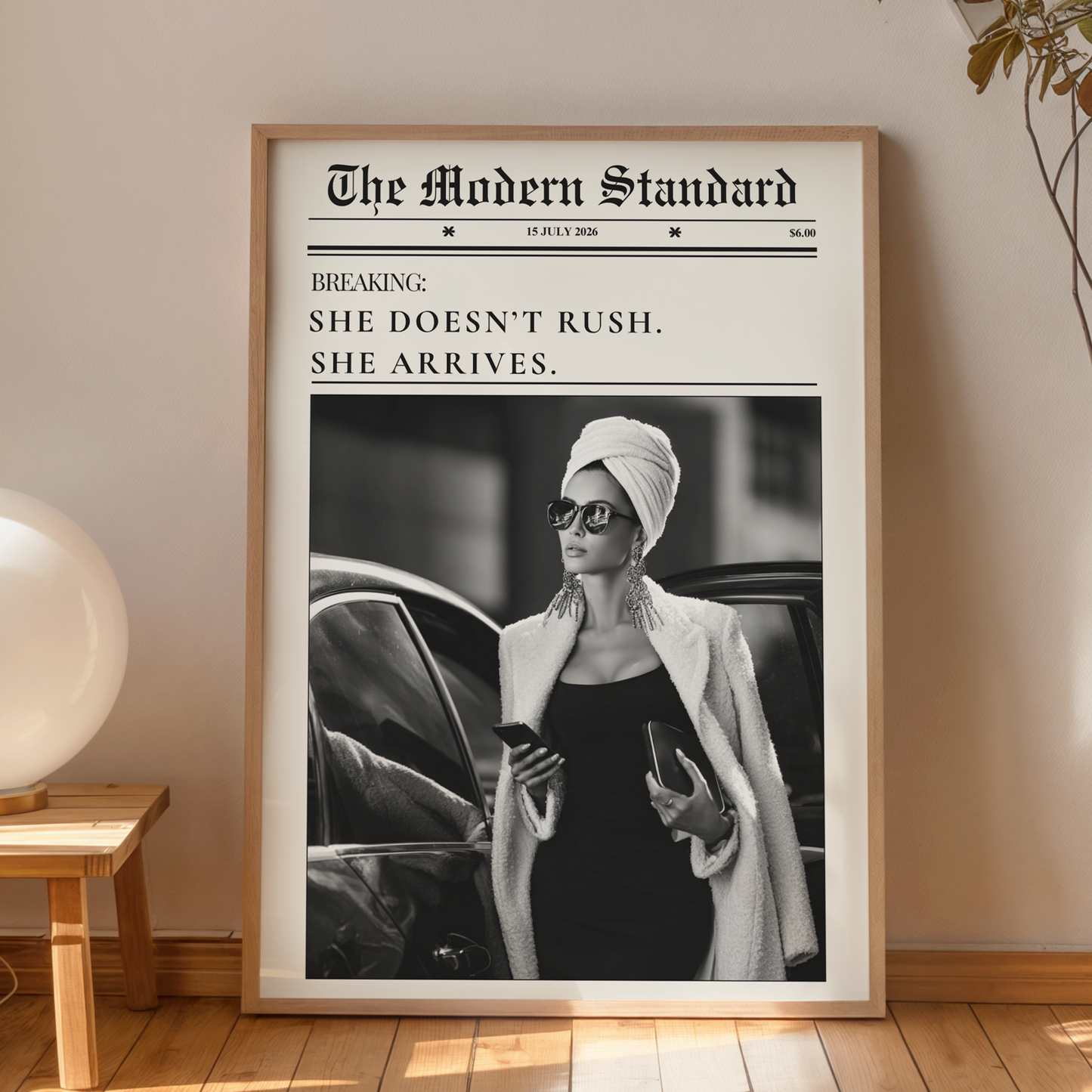 Modern minimalist fashion poster with black and white stylish woman and quote
