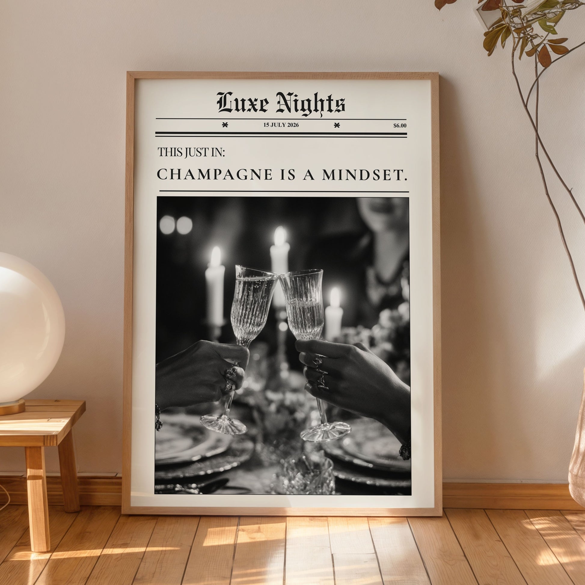 Black and white champagne glasses print elegant home decor
