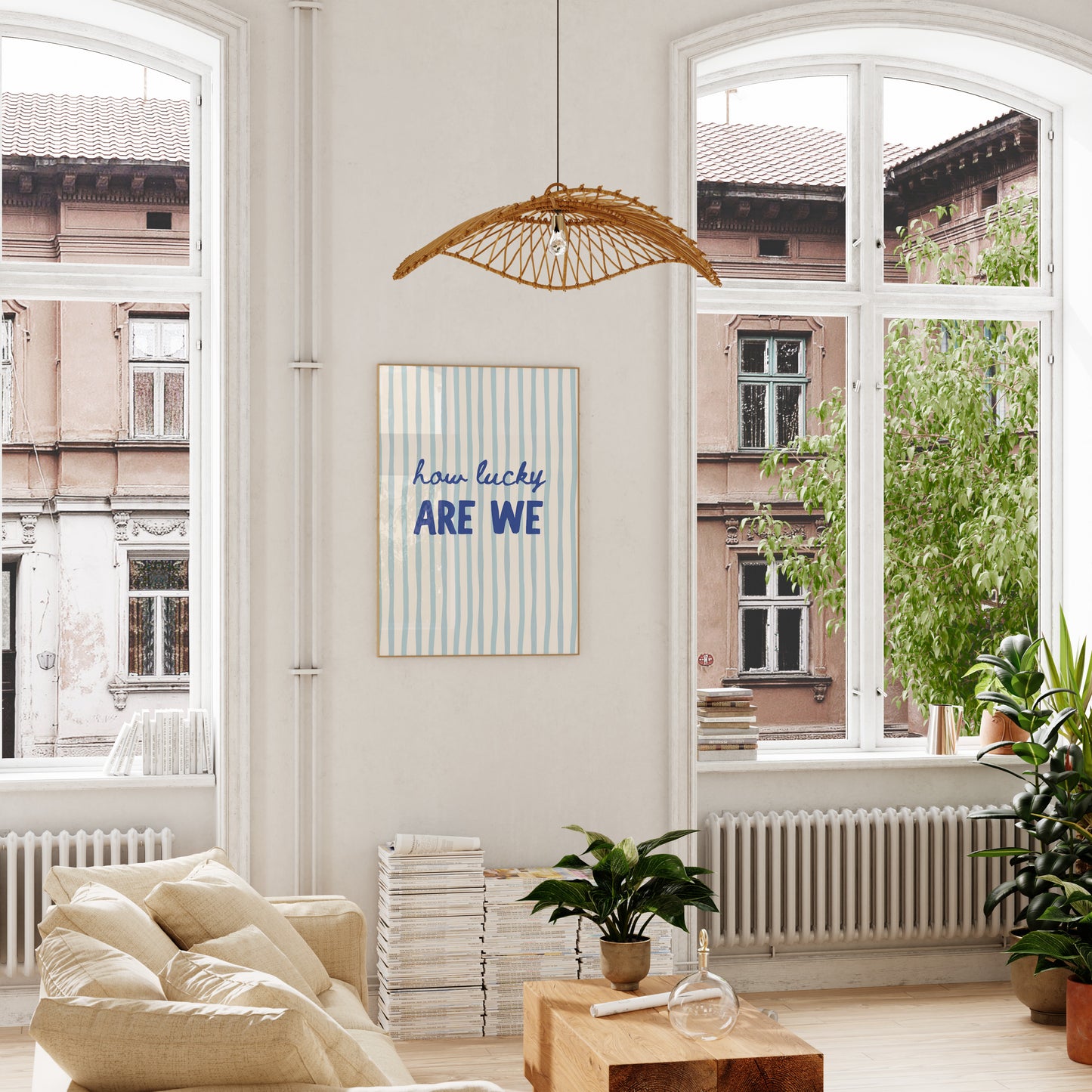 Blue striped wall art modern typography poster neutral aesthetic decor