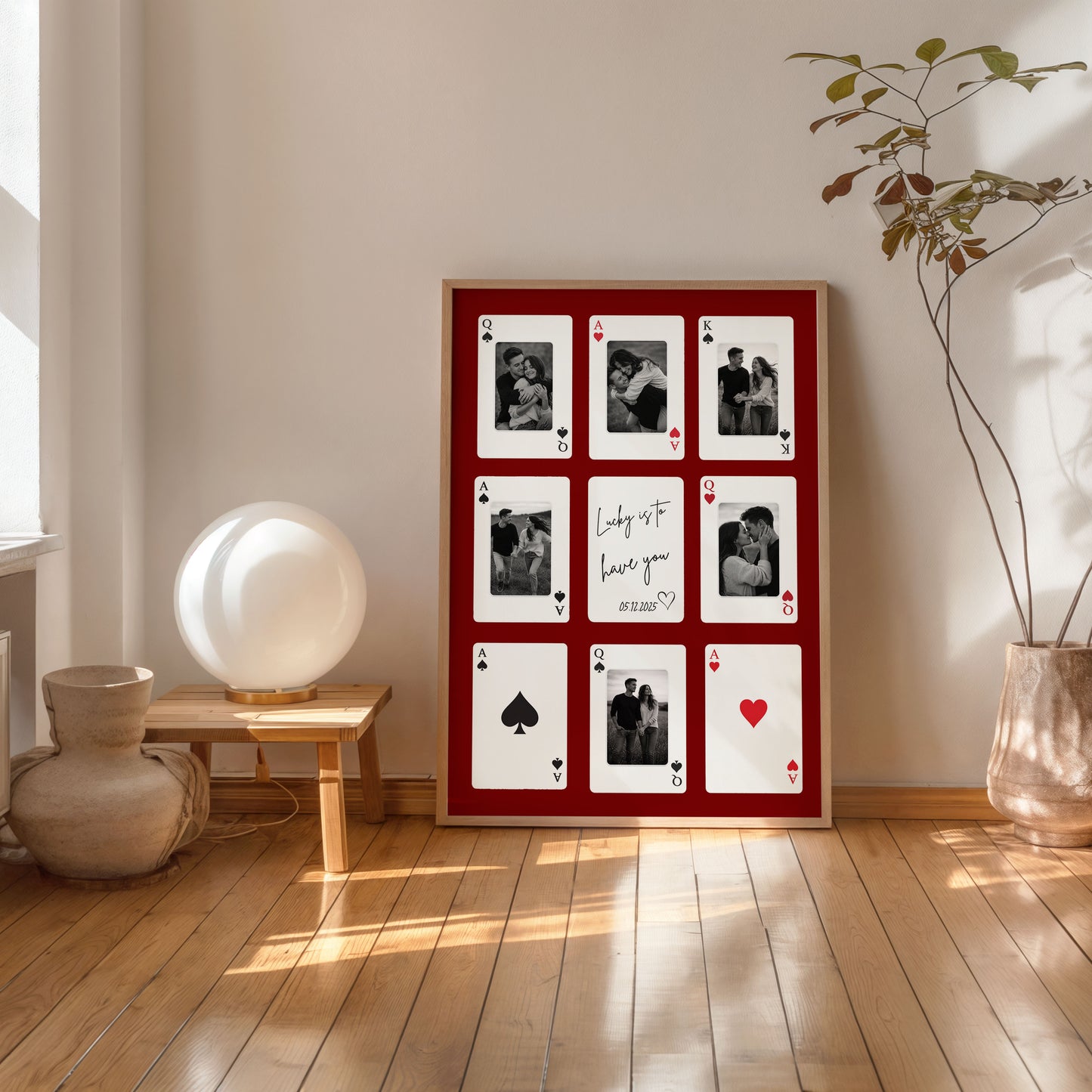 Personalized playing card photo collage poster in warm minimalist room setting