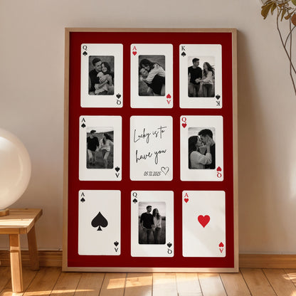Playing card photo collage poster with multiple couple images in modern interior