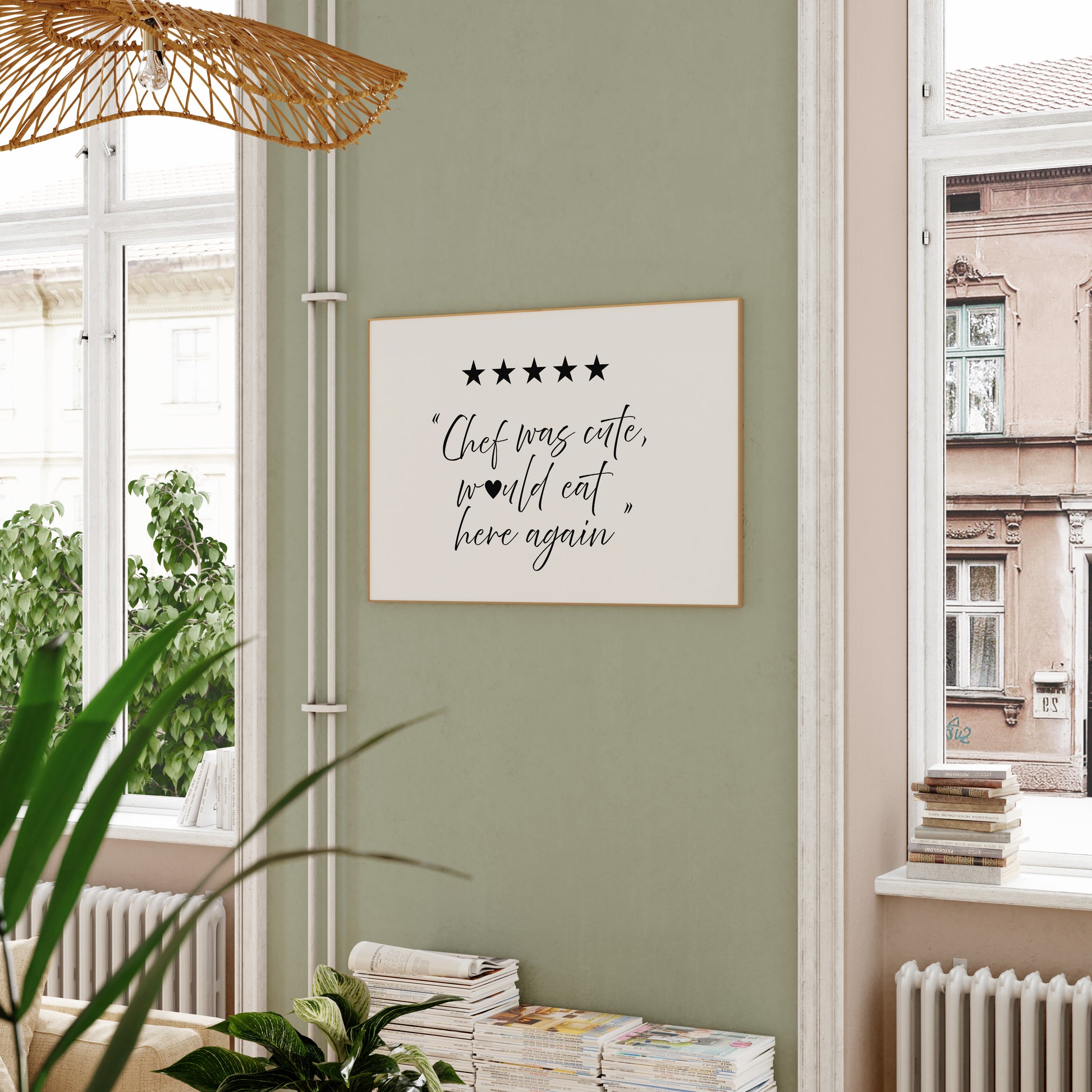Neutral kitchen wall art poster framed in cozy living room interior
