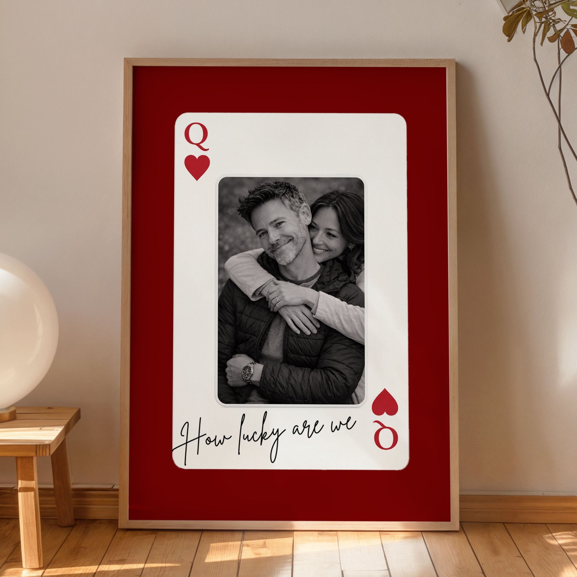 Personalized playing card poster with couple photo in cozy modern interior with plant and lamp