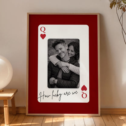 Personalized playing card poster with couple photo in cozy modern interior with plant and lamp