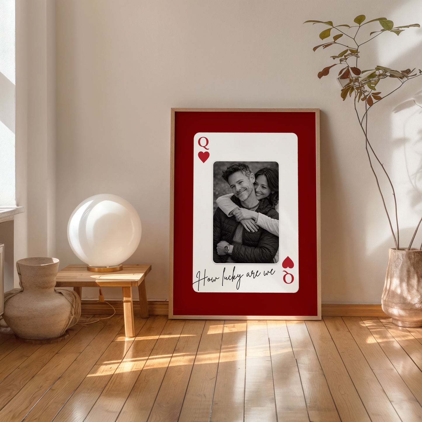 Personalized romantic poster with couple photo styled in warm minimalist interior