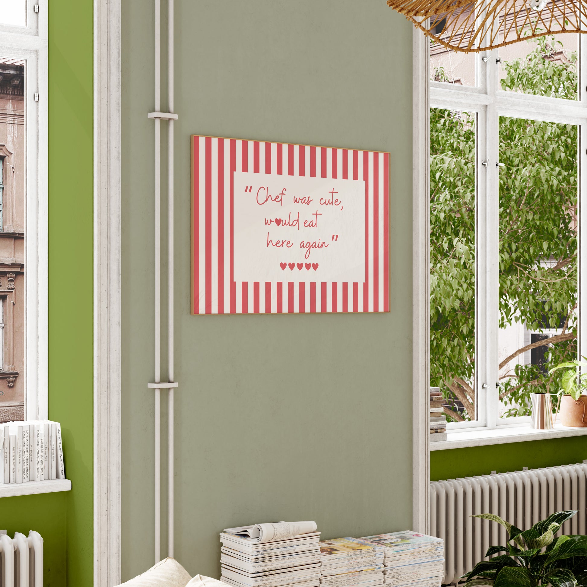 Modern kitchen wall art with red stripes framed in cozy interior