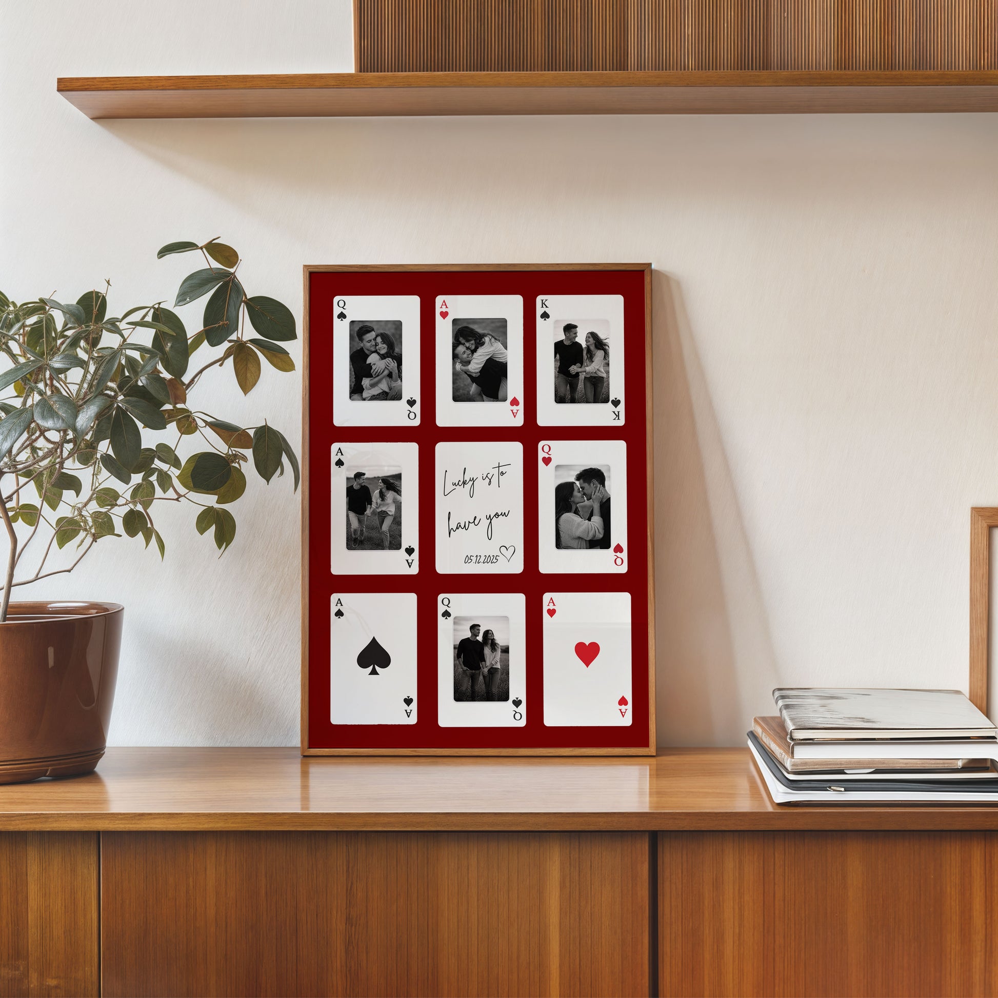 Large custom photo collage poster with playing card design in modern home interior